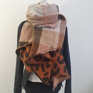 Ruit/panterprint sjaal khaki