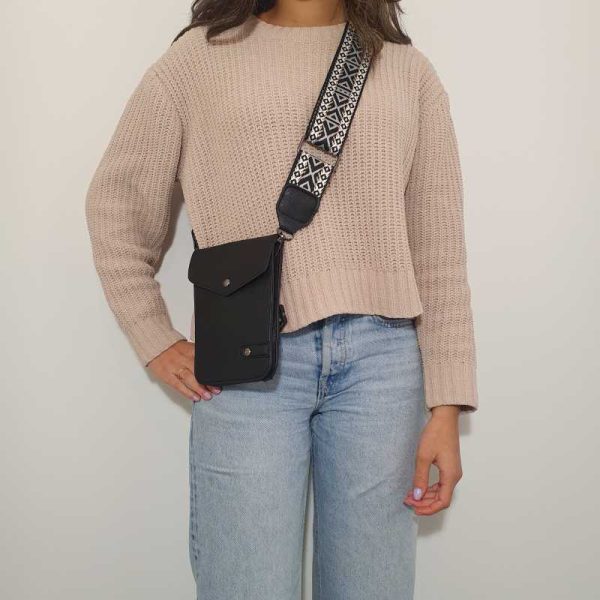 Zwart telefoon/schoudertasje met unieke schouderband
